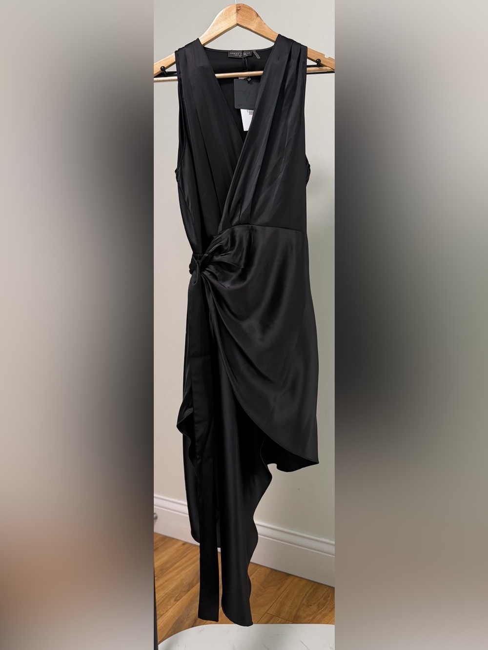 NWT Dress Forum All The Luxe Black Satin Twist Wrap Front Draped Dress Small 🖤